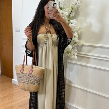 Kimono Comprido Crochet Castanho