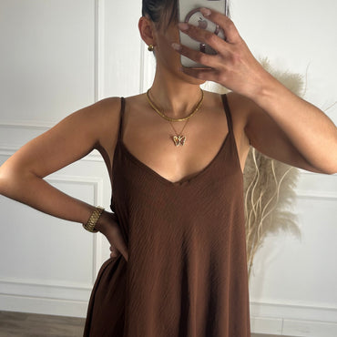 Vestido oversize de alças Castanho