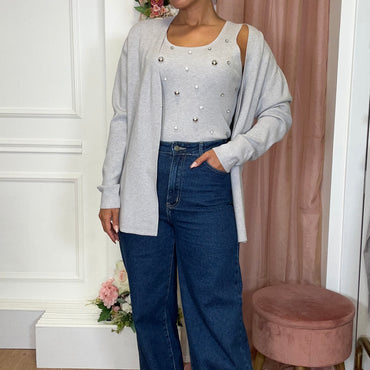 Conjunto Top com brilhos + Casaco Cinza