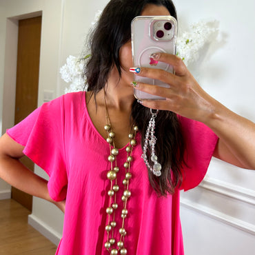 Vestido oversize com folho na manga em Rosa