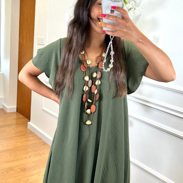 Vestido Midi oversize com folho na manga Verde Tropa