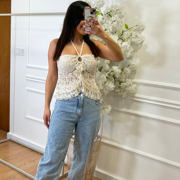 Top de renda com argola Bege