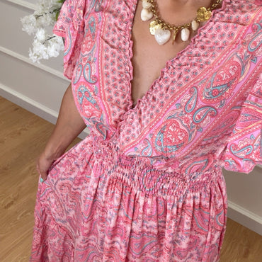 Vestido Indiano Com Manga em Rosa