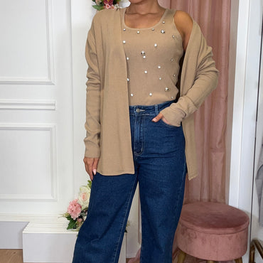 Conjunto Top com brilhos + Casaco Camel