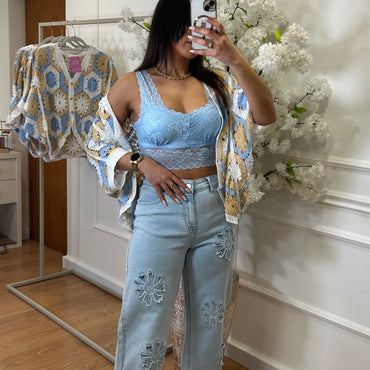 Calça de Ganga Wide Leg REDIAL Com Flores 3D