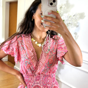 Vestido Indiano Com Manga em Rosa