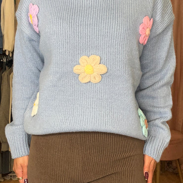 Camisola malha com flores 3D Azul Bebe