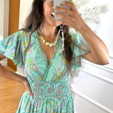 Vestido Indiano Com Manga Verde Água