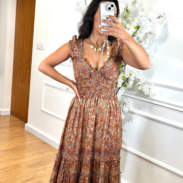 Vestido Indiano Estampado Taupe