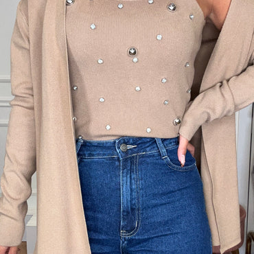Conjunto Top com brilhos + Casaco Camel
