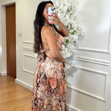 Conjunto Top + Saia com estampado em Laranja