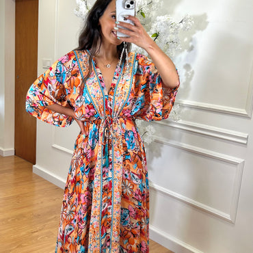 Vestido Indiano Com Manga Estampado Laranja