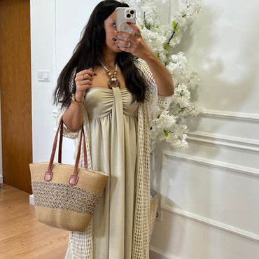 Kimono Comprido Crochet Bege