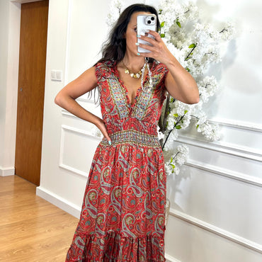 Vestido Indiano Estampado Vermelho