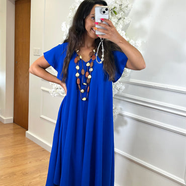 Vestido Midi oversize com folho na manga Azulão