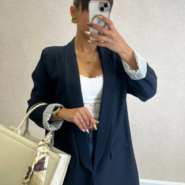 Blazer com Forro Listrado Azul Marinho