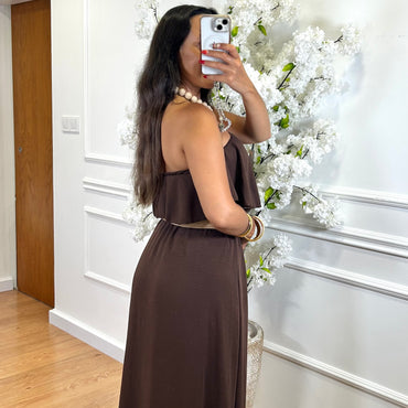Vestido Com folho em Castanho