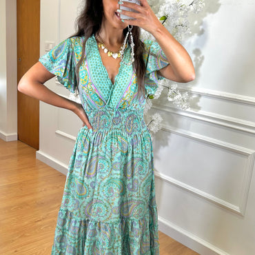 Vestido Indiano Com Manga Verde Água