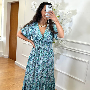 Vestido Indiano Com Manga Verde e Azul