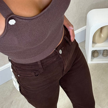 Conjunto Cardigan com perolas+ Top Castanho