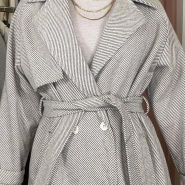 Casaco de Fazenda Comprido Texturado Riscas Camel