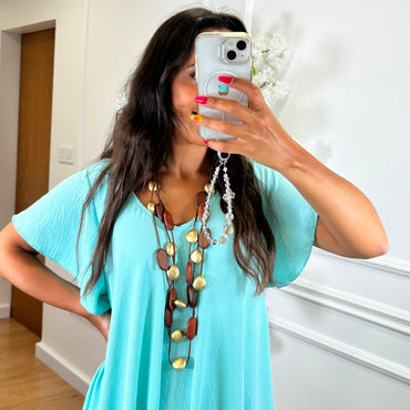 Vestido Midi oversize com folho na manga Turquesa