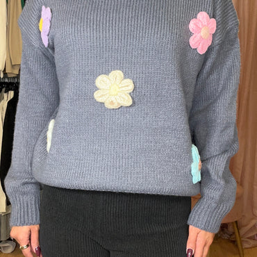 Camisola malha com flores 3D Cinza