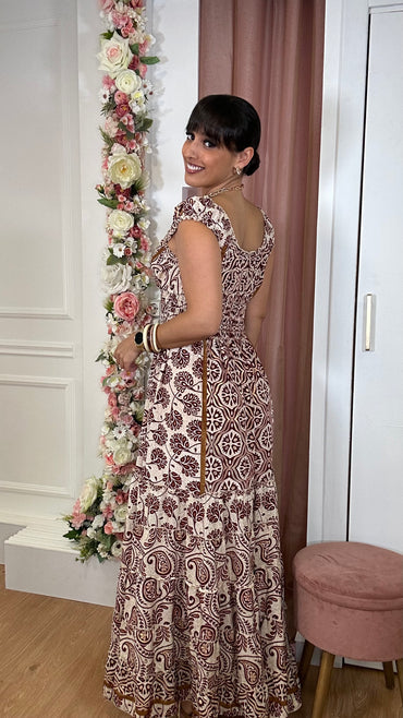 Vestido Indiano Bordeaux e bege