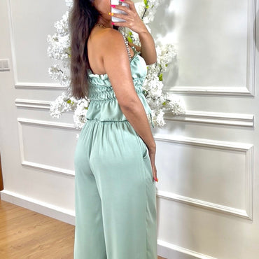 Conjunto top com laço + Pantalona Verde Água