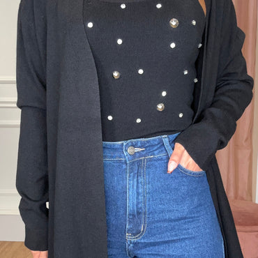 Conjunto Top com brilhos + Casaco Preto