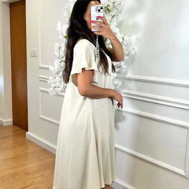 Vestido Midi oversize com folho na manga Bege