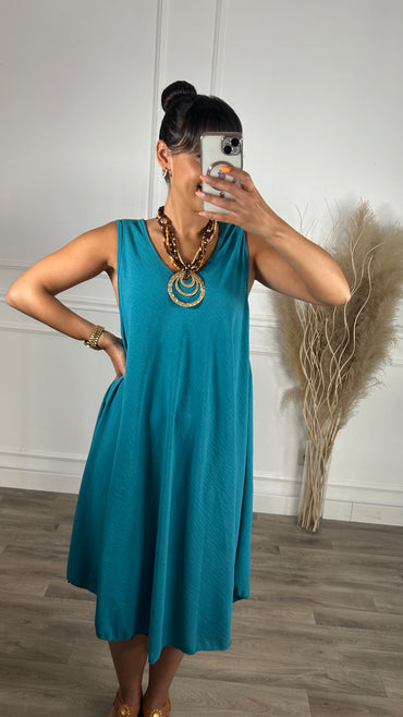 Vestido oversize de alças larga Midi Azul petróleo