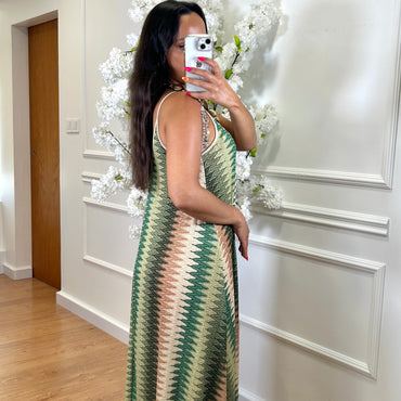 Vestido Zig Zag com fio dourado em Verde