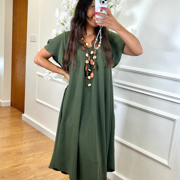Vestido Midi oversize com folho na manga Verde Tropa