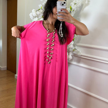 Vestido oversize com folho na manga em Rosa