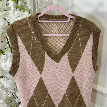 Colete Malha Losangos Rosa e Camel