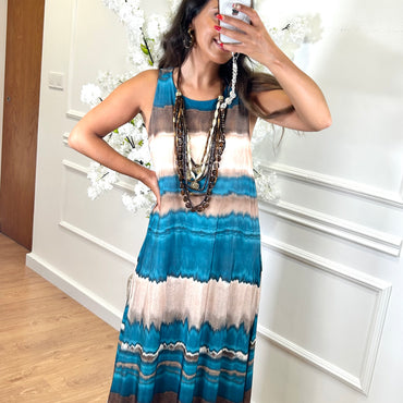 Vestido Malha Fria comprido estampado Azul Turquesa