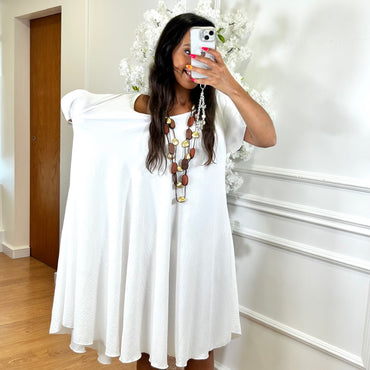 Vestido Midi oversize com folho na manga Branco