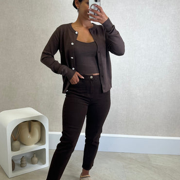 Conjunto Cardigan com perolas+ Top Castanho