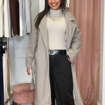 Casaco de Fazenda Midi Camel com risca Preta Texturado