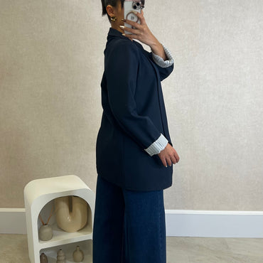 Blazer com Forro Listrado Azul Marinho