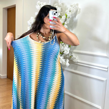 Vestido Zig Zag com fio dourado em Azul