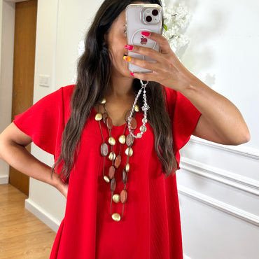 Vestido Midi oversize com folho na manga Vermelho