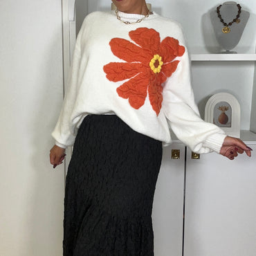 Camisola malha com flor em Branco