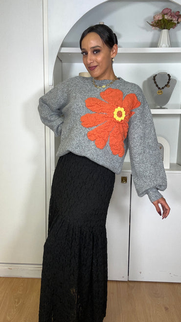Camisola malha com flor em Cinza