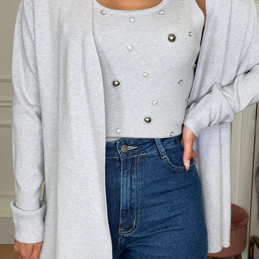 Conjunto Top com brilhos + Casaco Cinza