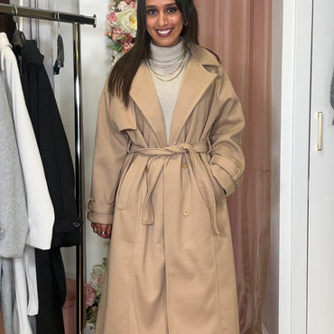 Casaco de Fazenda Comprido Texturado Camel