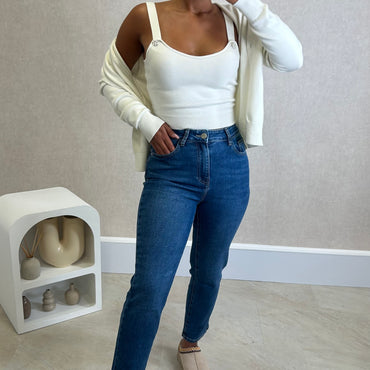 Conjunto Cardigan com perolas+ Top Branco