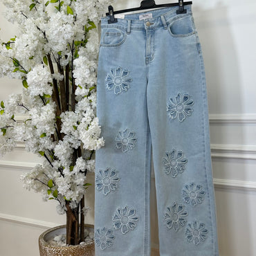 Calça de Ganga Wide Leg REDIAL Com Flores 3D