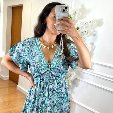 Vestido Indiano Com Manga Verde e Azul
